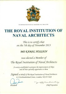 RINA Elected Membership Certificate of Engr Kamal Hossain